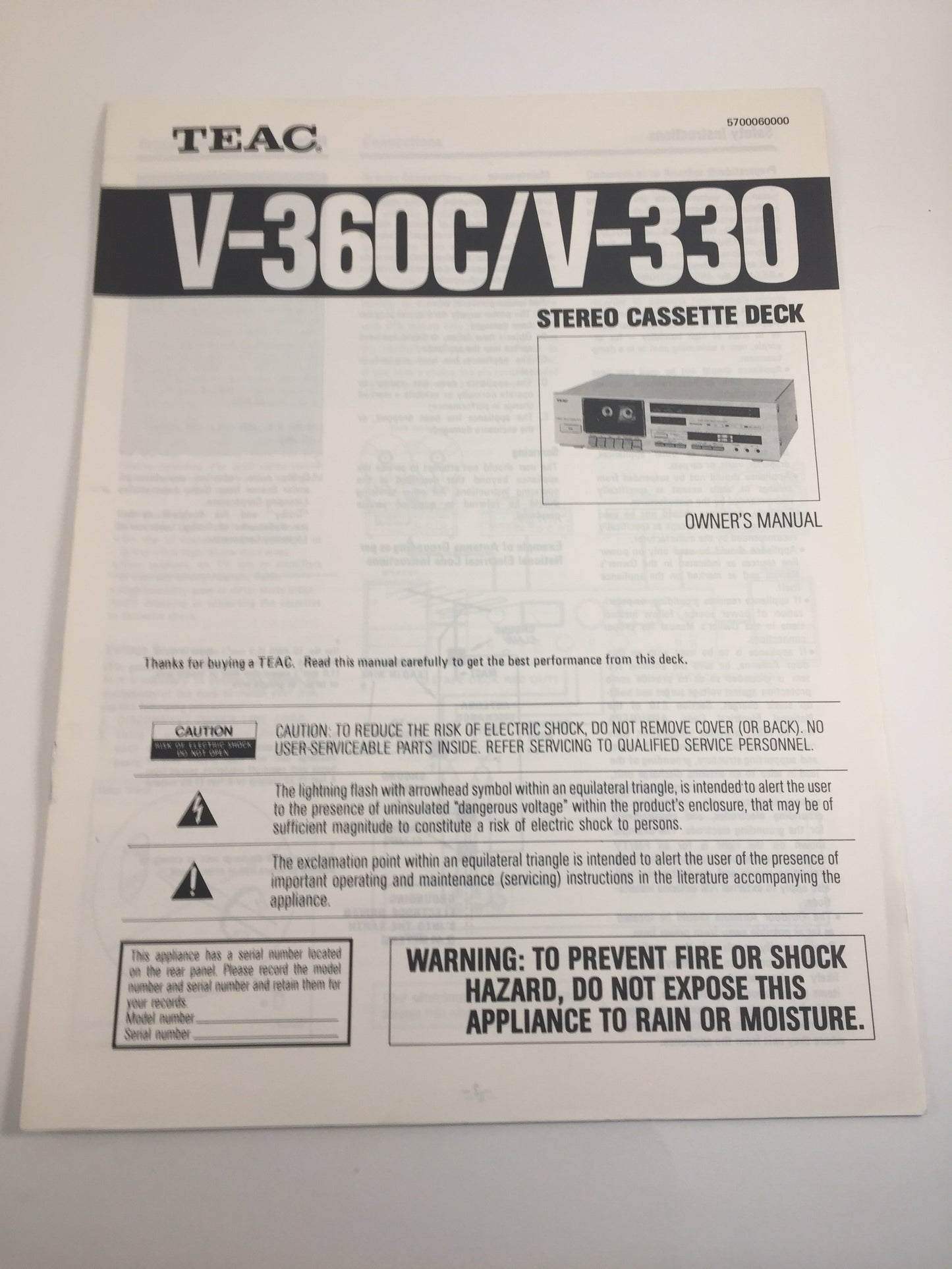Teac V-360C/V-330 Stereo Casssette Deck Owner's Manual