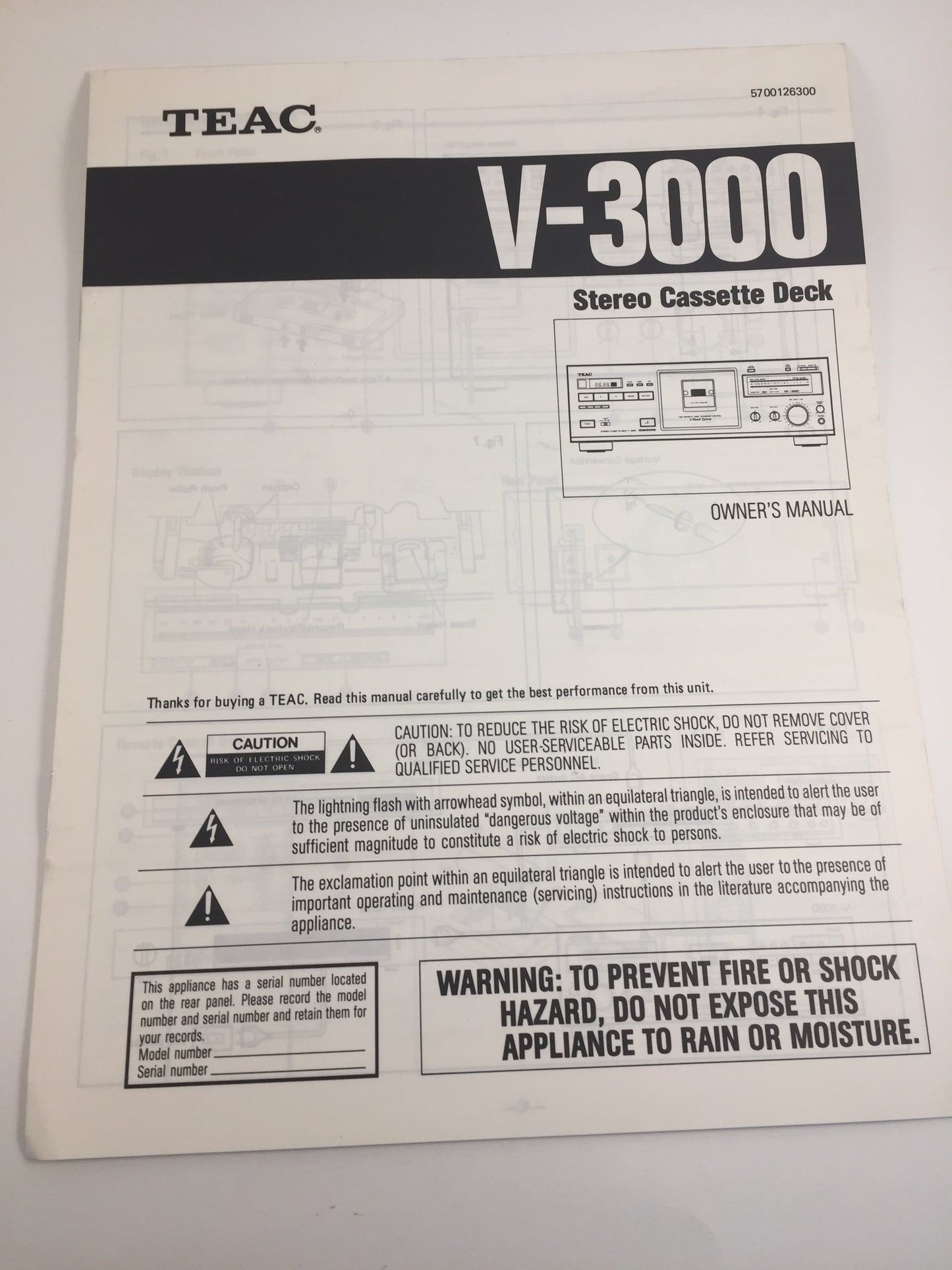 Teac V-3000 Stereo Cassette Deck Owner's Manual