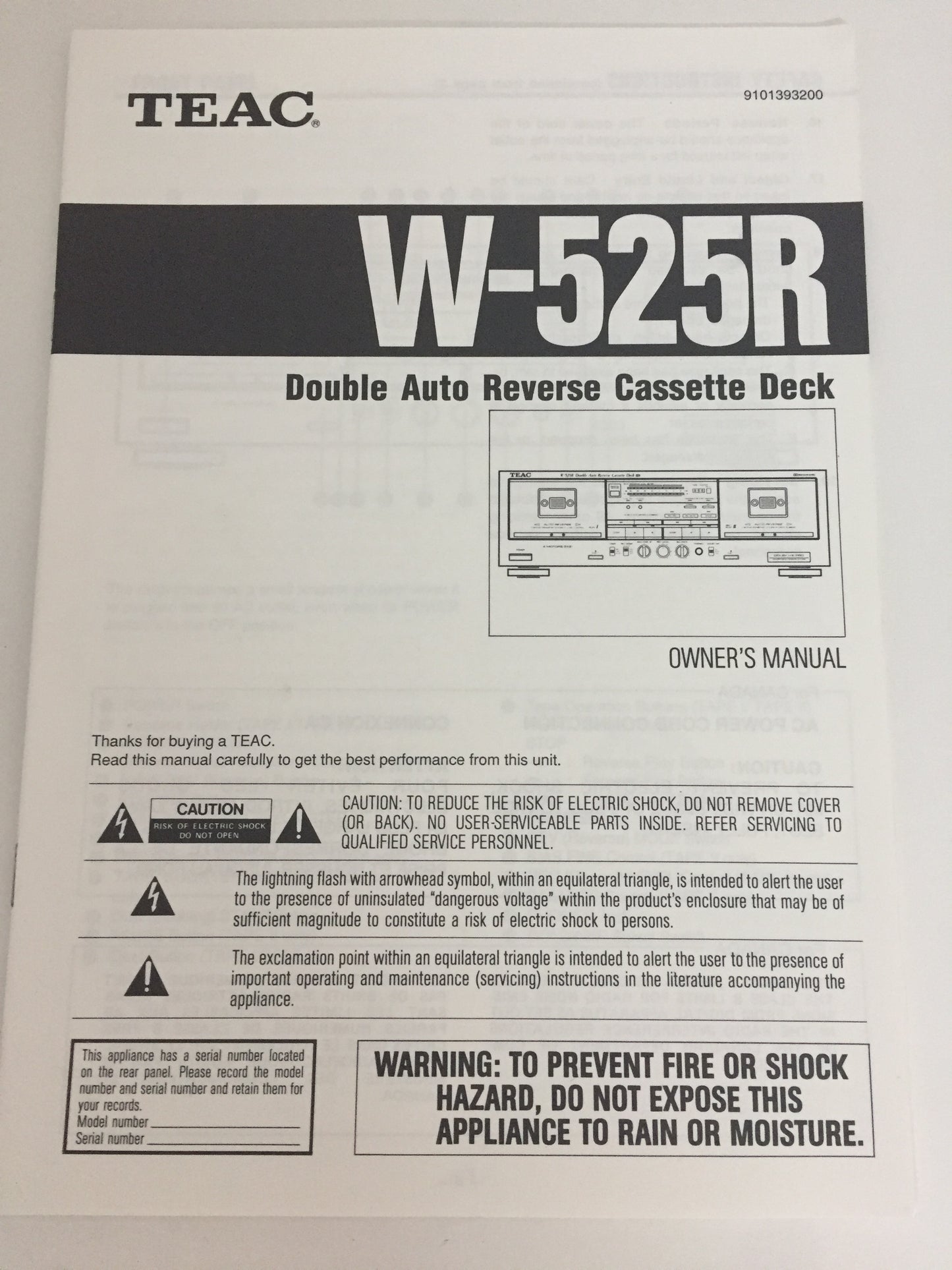 Teac W-525R Double Auto Reverse Cassette Deck Owner's Manual
