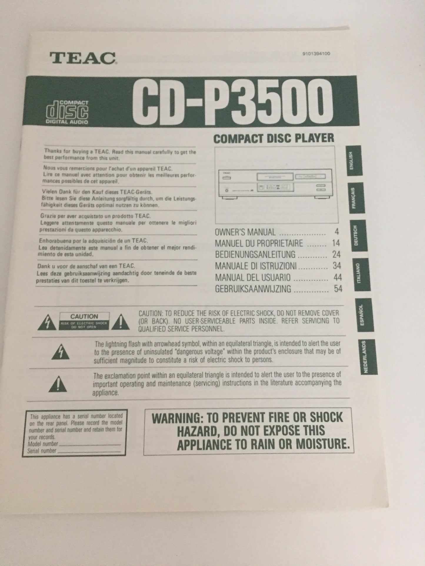 Teac CD-P3500 Compact Disc Player Owner's Manual