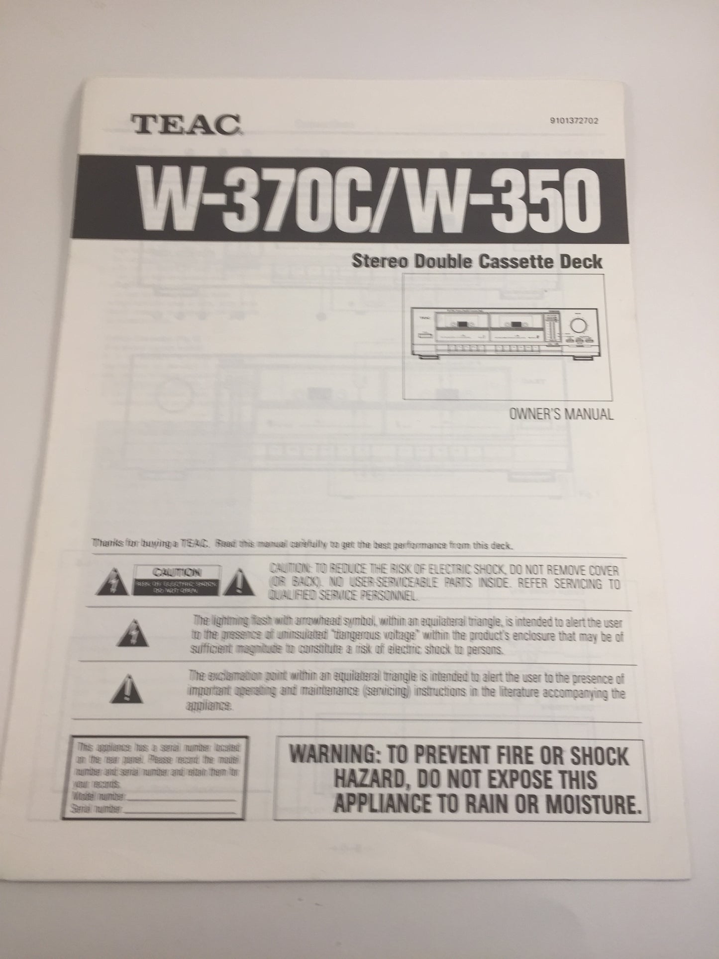 Teac W-370C/W-350 Stereo Double Cassette Deck Owner's Manual