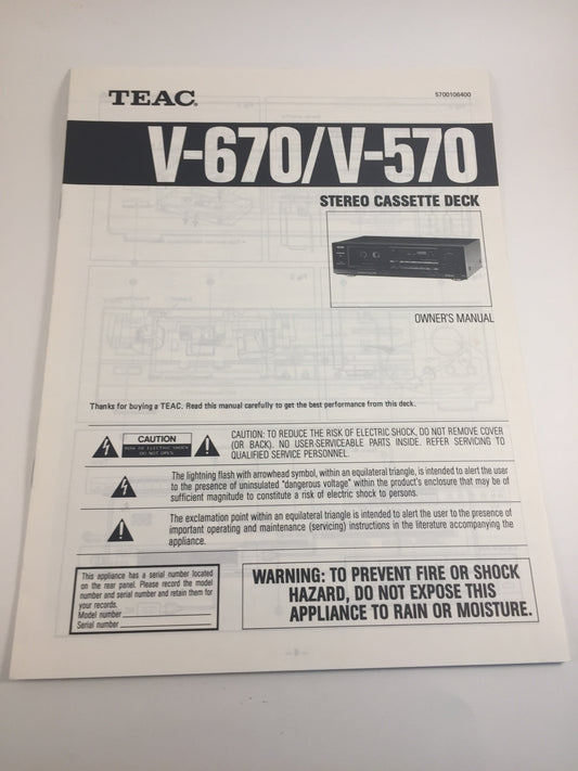 Teac V-670/V-570 Stereo Cassette Deck Owner's Manual