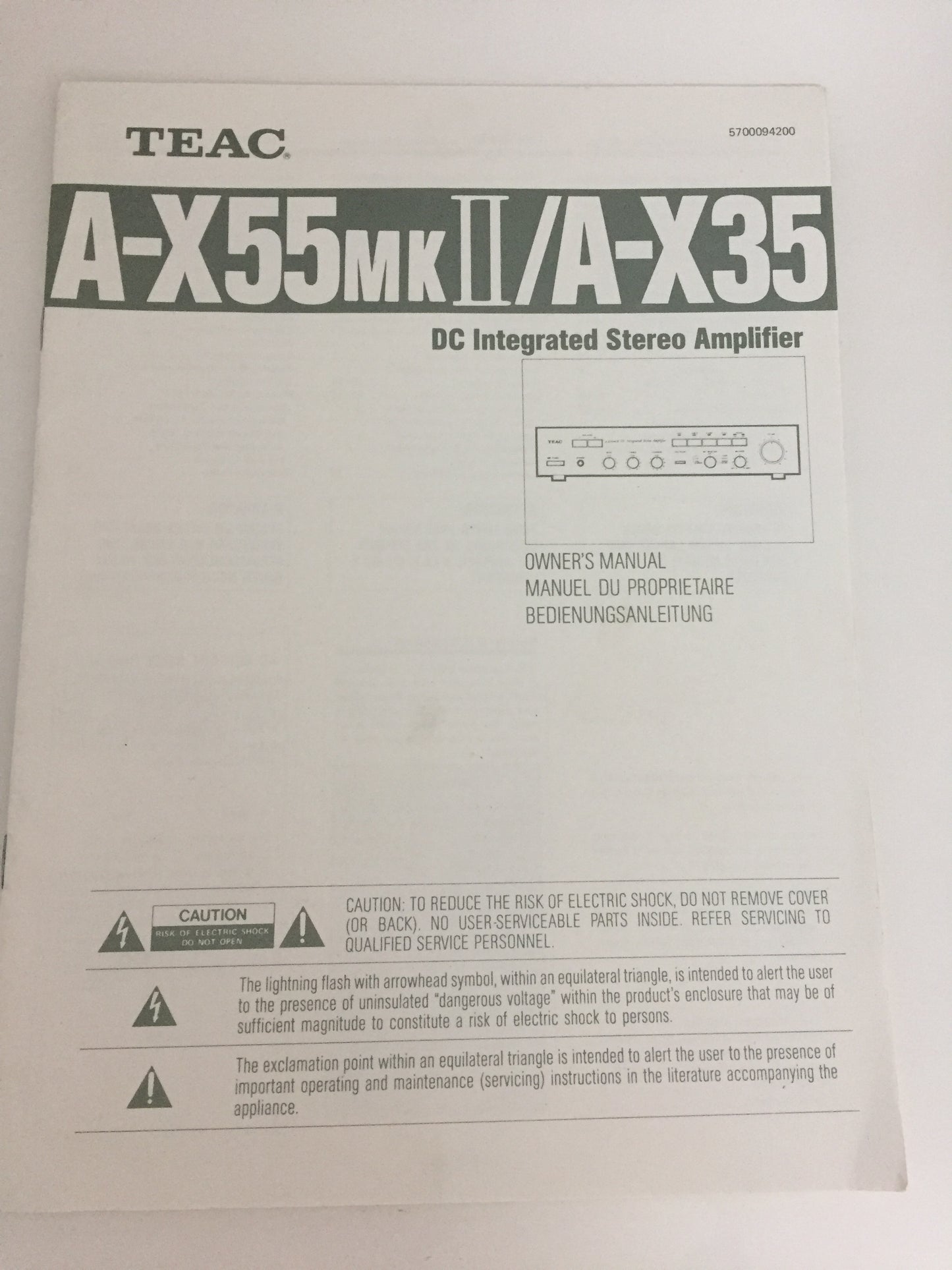 Teac A-X55 mk2/A-X35 DC Integrated Stereo Amplifier Owner's Manual