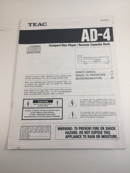 Teac AD-4 Compact Disc Player/Reverse Cassette Deck Owner's Manual