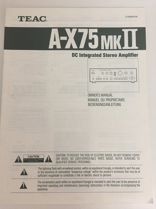 Teac A-X75 mk2 DC Integrated Stereo Amplifier Owner's Manual