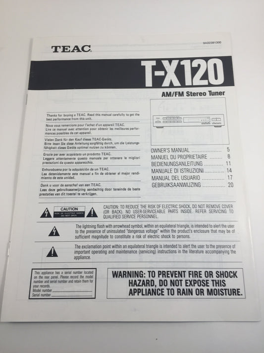 Teac T-X120 AM/FM Stereo Tuner Owner's Manual