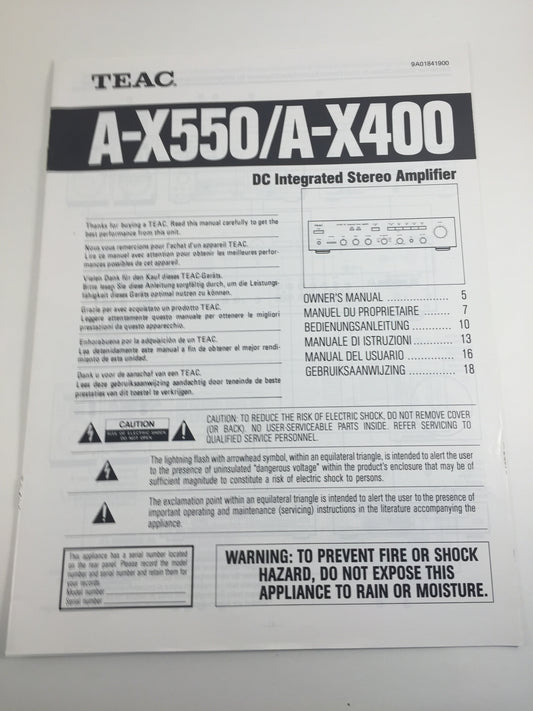 Teac A-X550/A-X400 DC Integrated Stereo Amplifier Owner's Manual