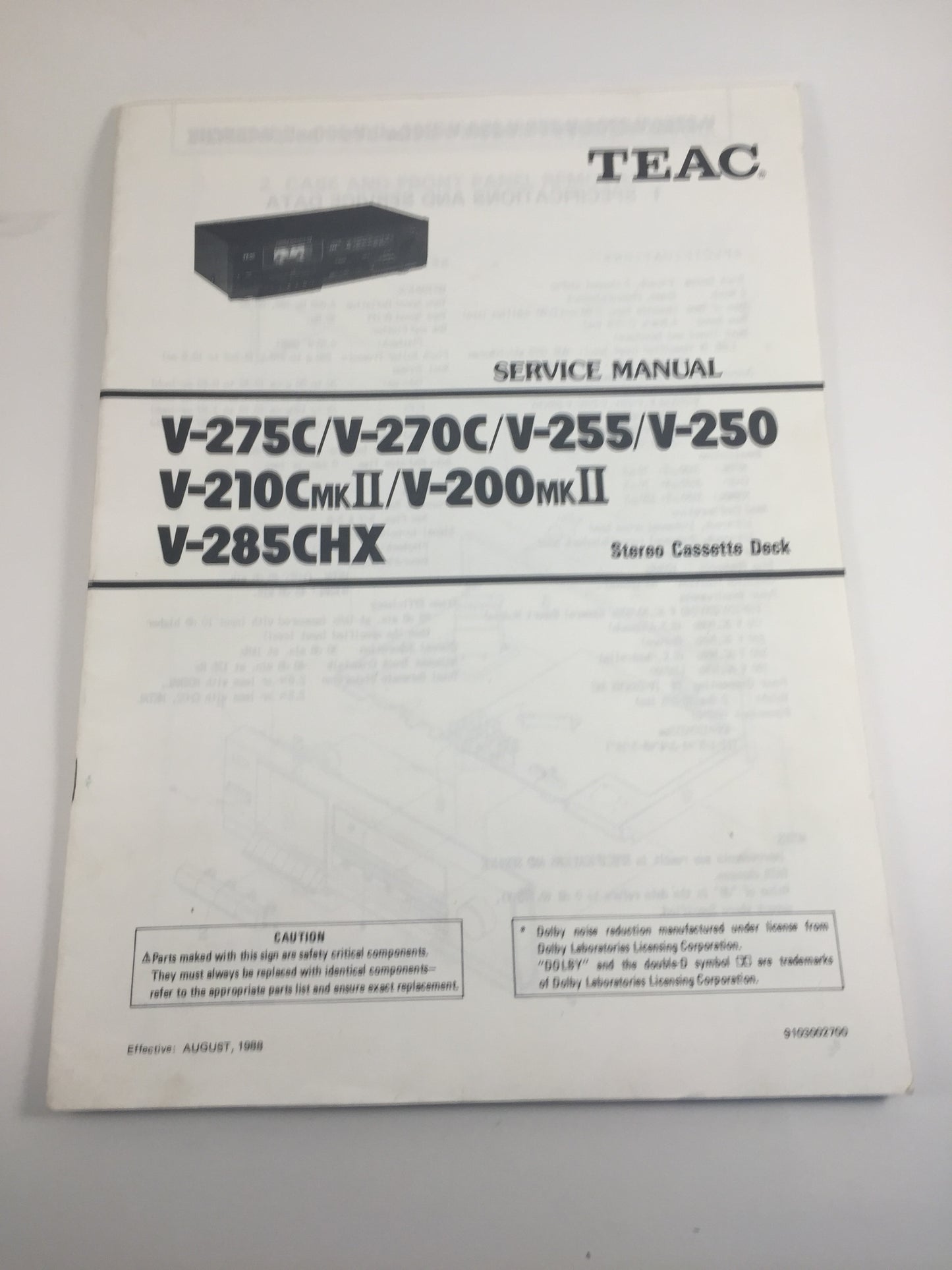 TEAC V-275C/V-270C/V-255/V-250/V-210C mk2/V-200 mk2/V-285CHX Stereo Cassette Deck Service Manual