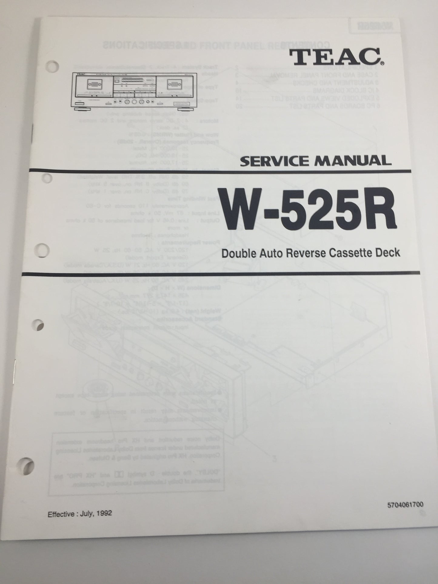 Teac W-525R Double Auto Reverse Cassette Deck Service Manual